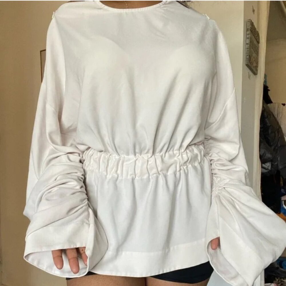 Solace London White Blouse with Puff Sleeves and Ruched Style